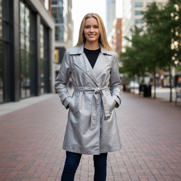 INC International Concepts Jackets & Blazers - INC International Concepts Silver Belted Trench Coat Women’s Size S